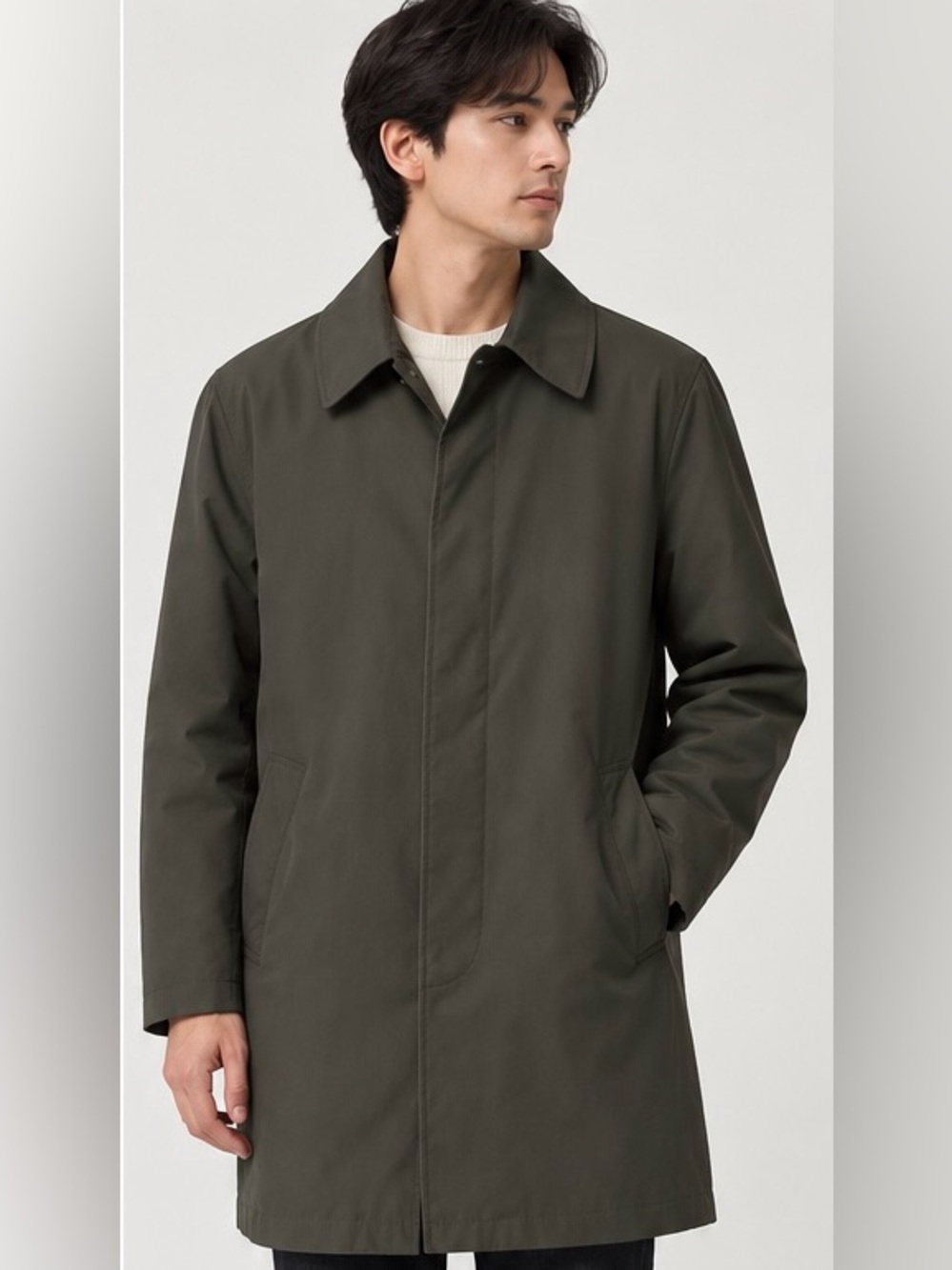 Kai-aakmann Men’s Korean 105 Long Car Coat Dark Olive Hidden Button Minimalist